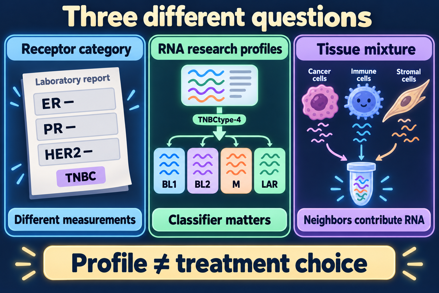 Three panels separate the TNBC receptor category, four TNBCtype-4 RNA research profiles, and cancer, immune and stromal contributions to a tissue sample