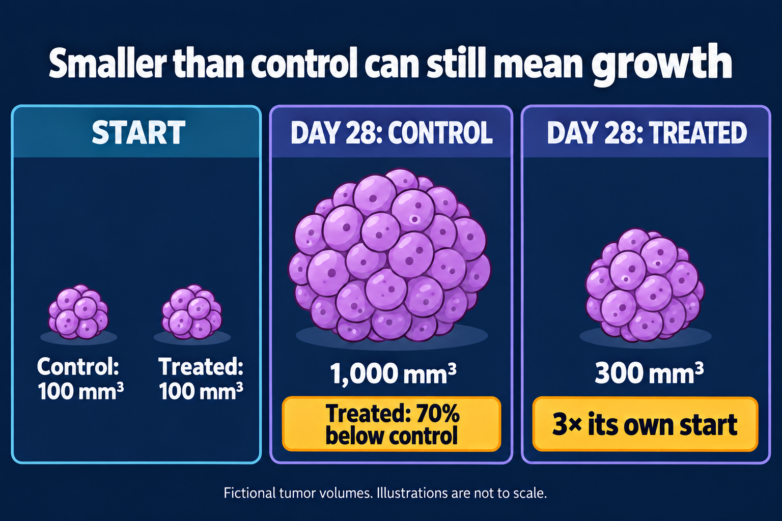 Fictional tumor volumes: control and treated both start at 100 cubic millimeters. At day 28, control is 1,000 and treated is 300. Treated is 70 percent below control but three times its own start.