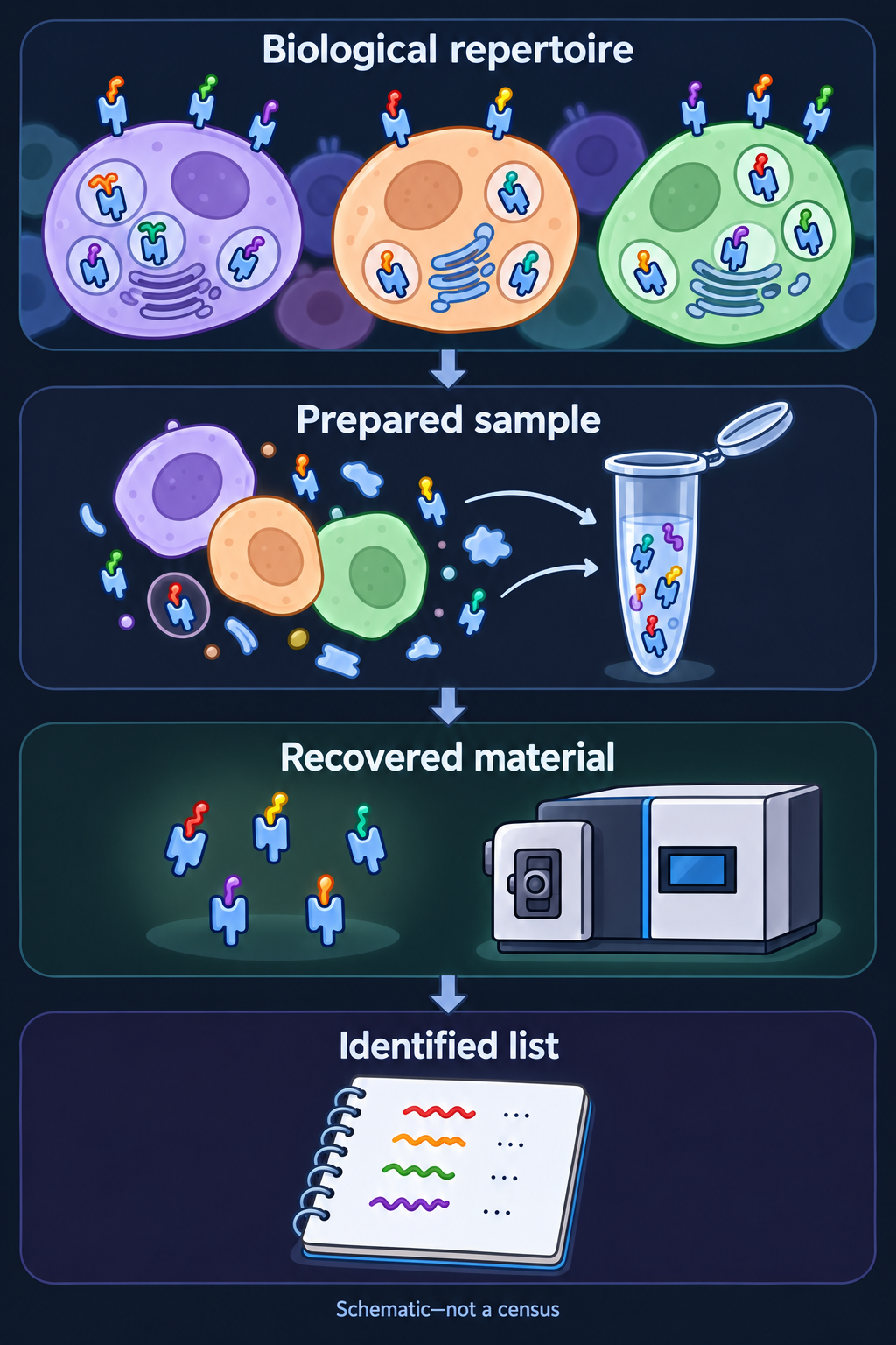 Four scenes showing a contextual peptide–HLA repertoire, a prepared sample, recovered material and a method-dependent identified list, including intracellular and surface complexes
