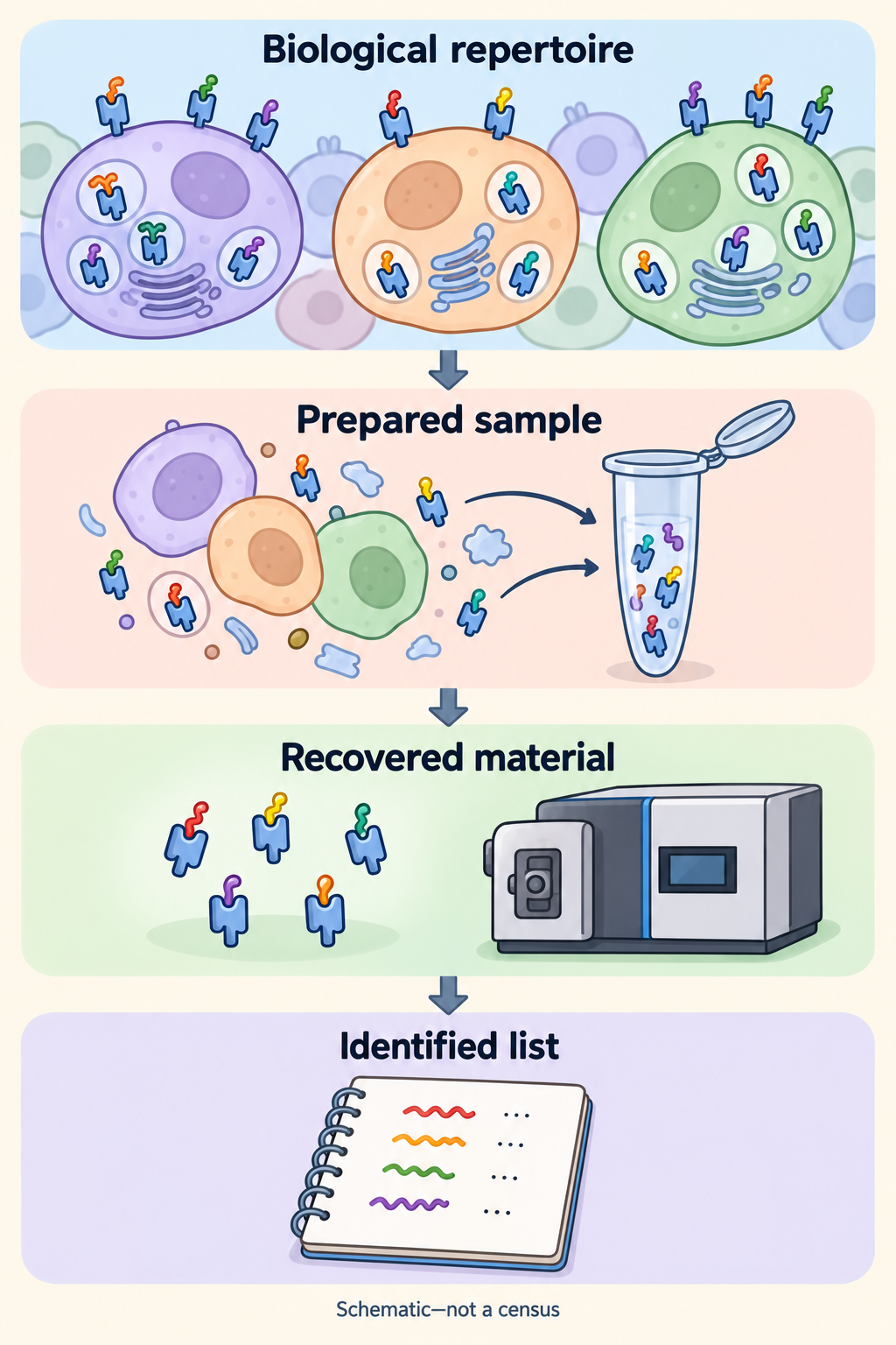 Four scenes showing a contextual peptide–HLA repertoire, a prepared sample, recovered material and a method-dependent identified list, including intracellular and surface complexes