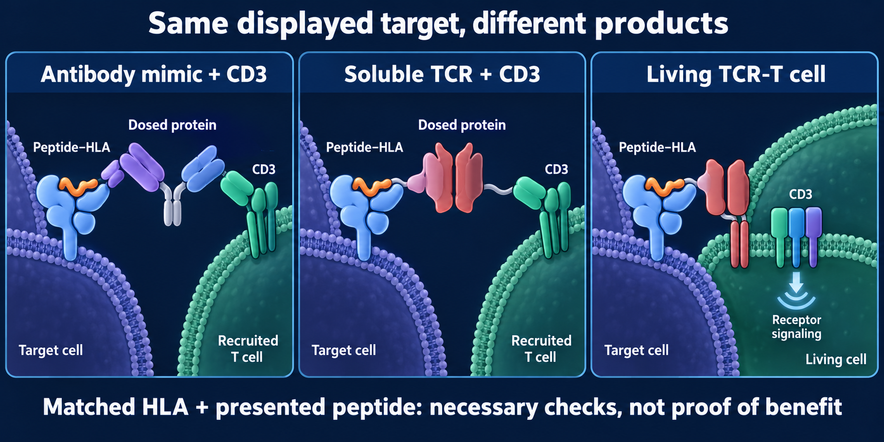 Three panels compare an antibody-derived peptide–HLA/CD3 protein, a soluble TCR/CD3 protein and a living TCR-T cell recognizing the same displayed complex.