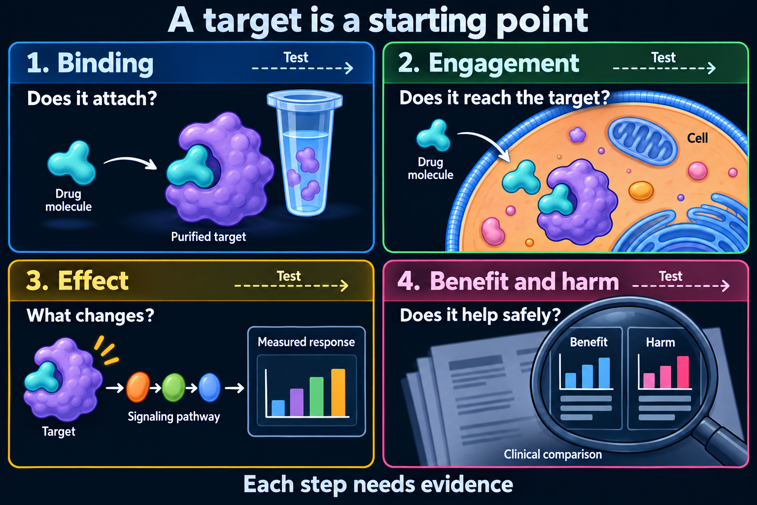 Four panels ask whether a molecule binds a purified target, engages it inside a cell, changes a measured response, and produces useful clinical benefit with acceptable harm