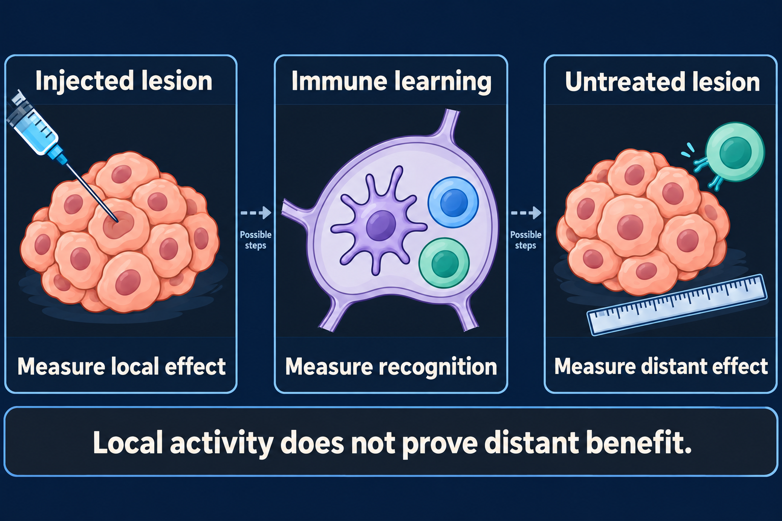 Three cartoon panels distinguish an injected lesion, immune learning in a lymph node and measurement of a separate uninjected lesion, joined by dashed arrows marking possible steps