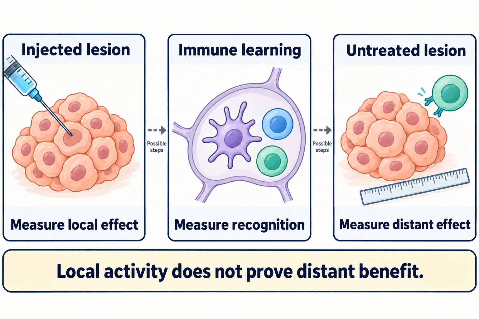 Three cartoon panels distinguish an injected lesion, immune learning in a lymph node and measurement of a separate uninjected lesion, joined by dashed arrows marking possible steps