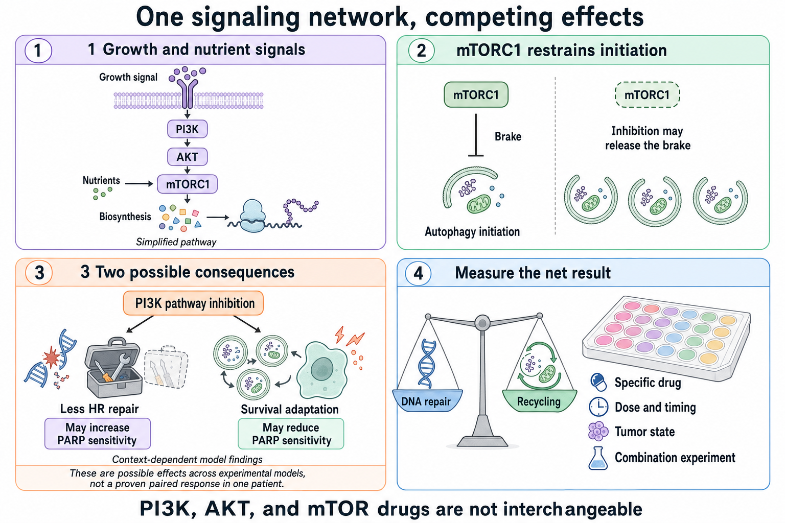 Panels connect PI3K, AKT, and mTORC1 signaling to DNA repair and an autophagy initiation brake, then show that competing effects require a measured outcome